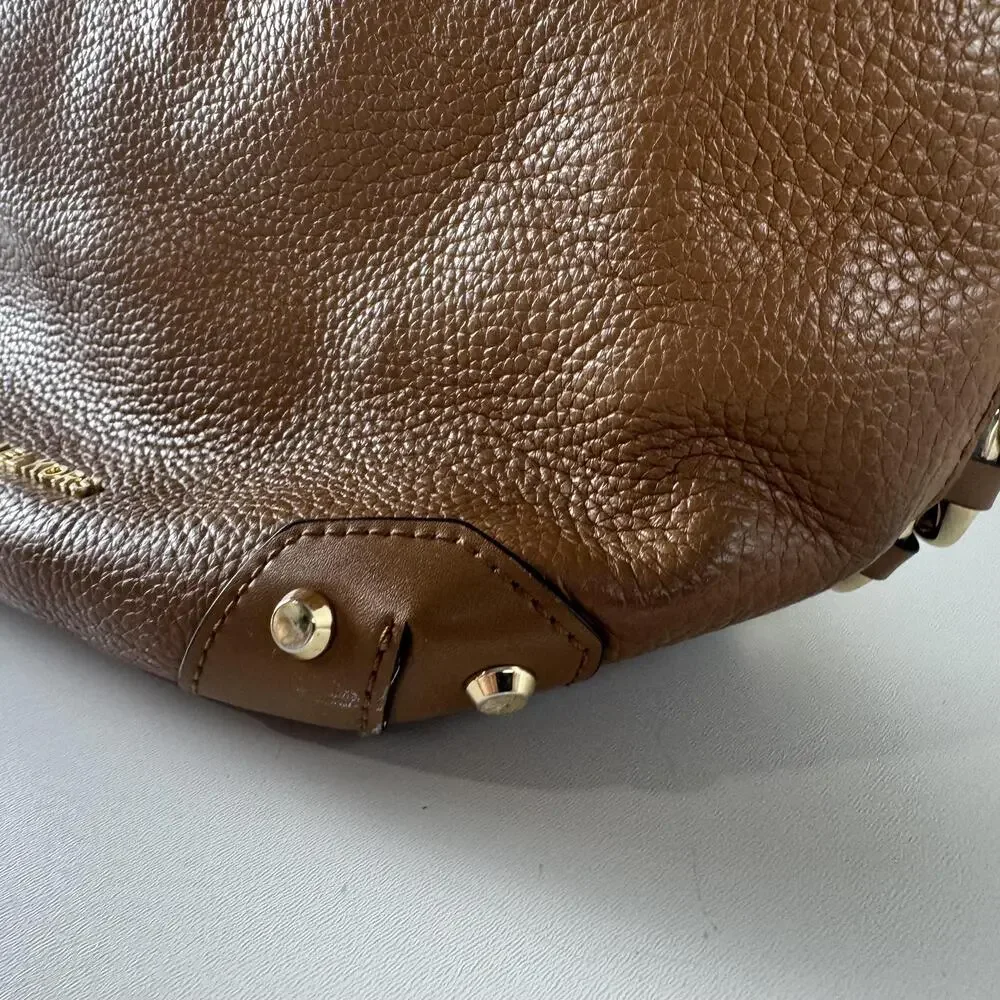 Michael Kors Alamis Bucket Bag Womens Medium Brown Leather Chain Strap Purse